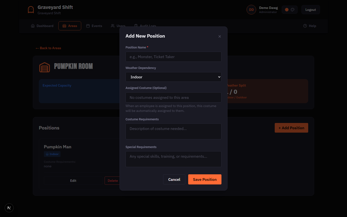 Position creation modal with fields for name, weather dependency, and requirements
