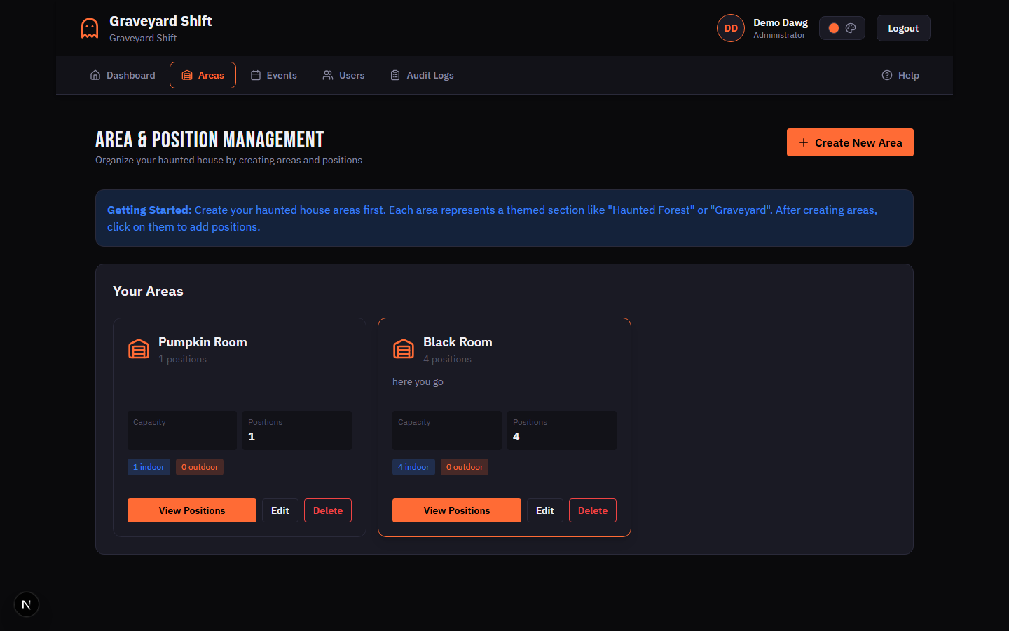 Areas list view showing area cards with position counts and capacity