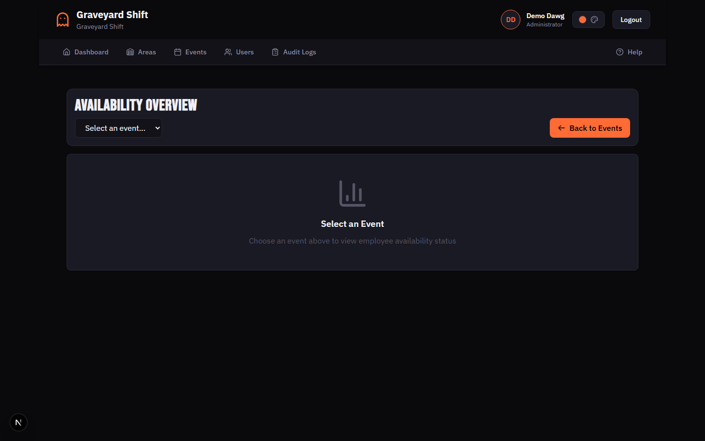 Availability Overview page with event selector dropdown and empty state prompting admin to select an event