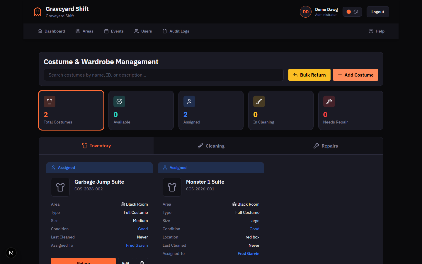 Costume card showing Available status with Assign button highlighted