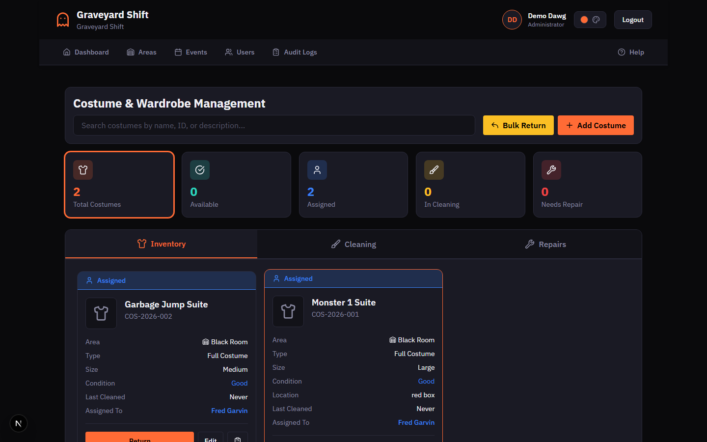 Dashboard stats cards showing Total, Available, Assigned, In Cleaning, and Needs Repair counts