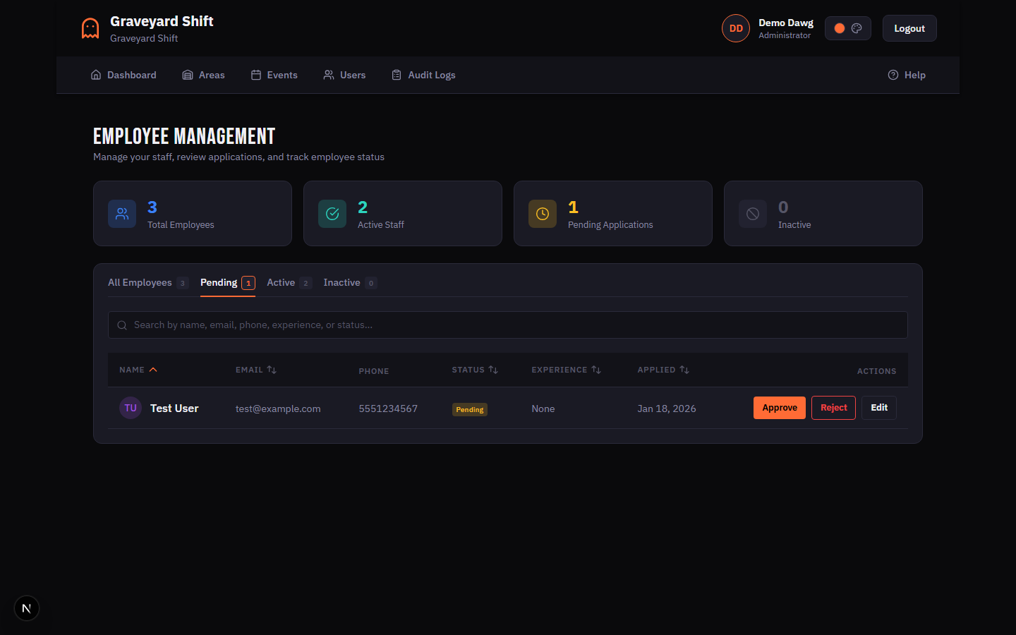 Employee list filtered to pending applications with count badge