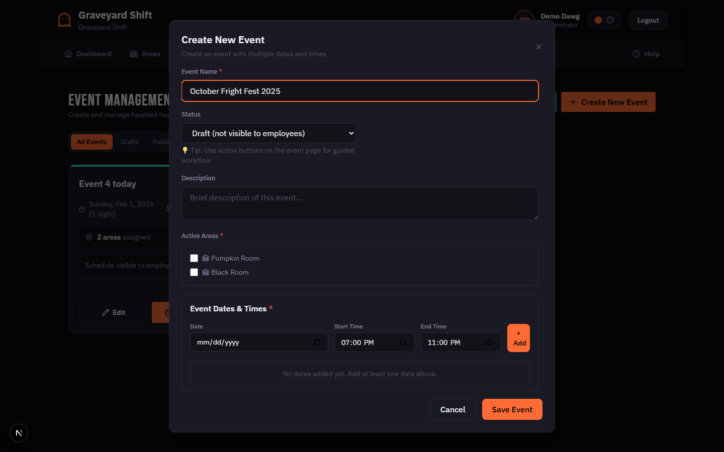 Completed event creation form showing a filled-in event with three dates