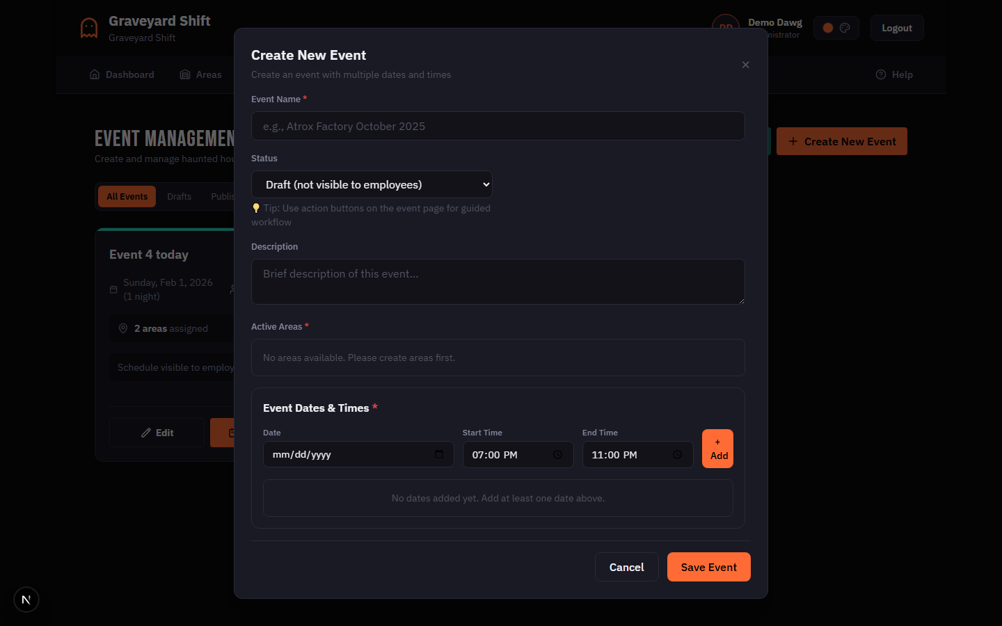 Create New Event button highlighted in the page header bar