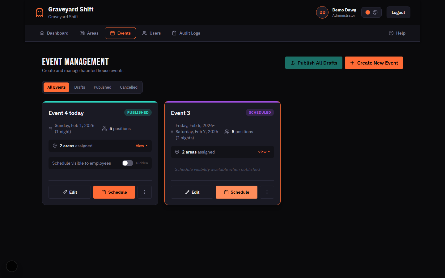 Event Management page showing the event list and Create New Event button
