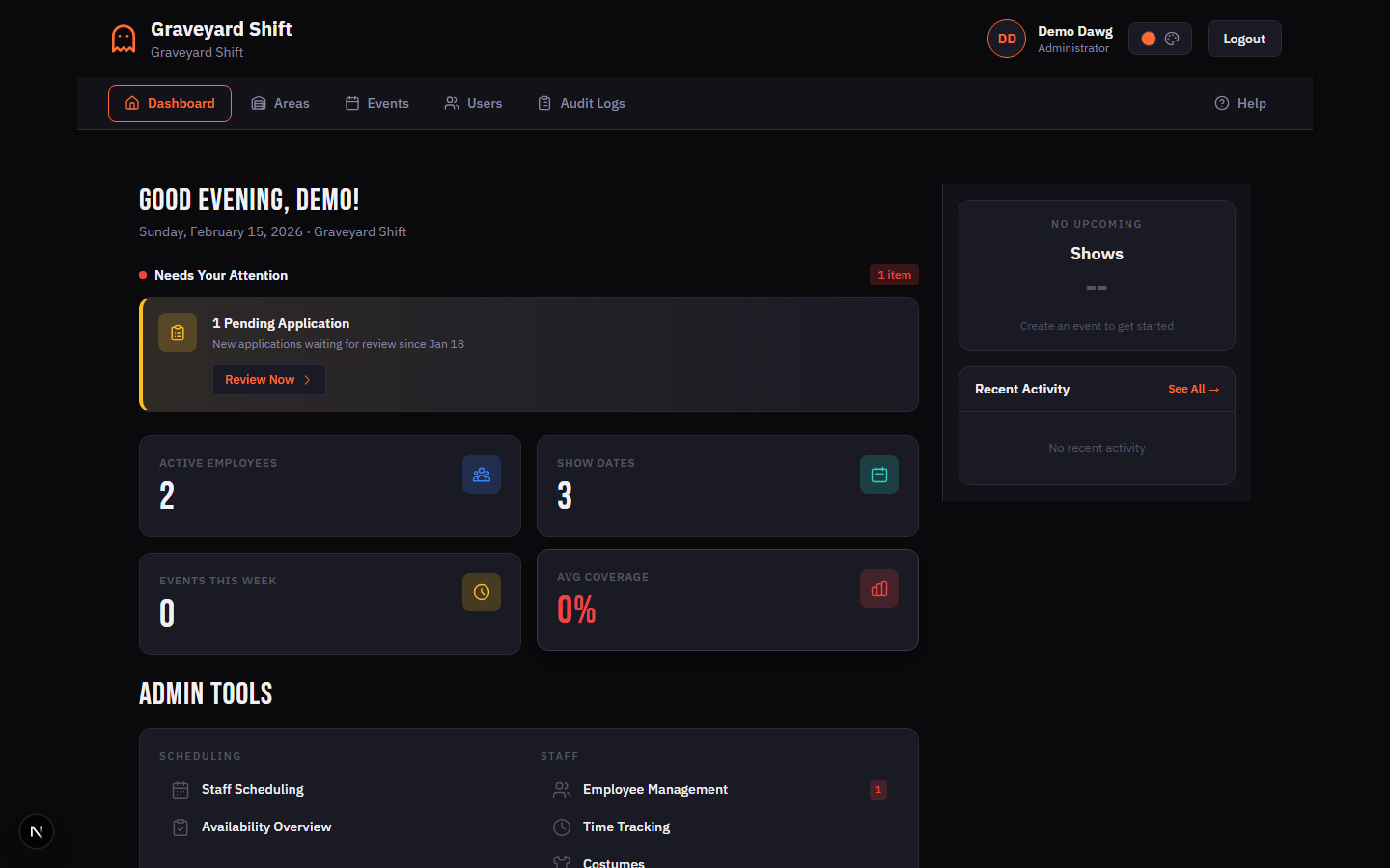 Admin Dashboard showing quick stats, attention items, and admin tools grid