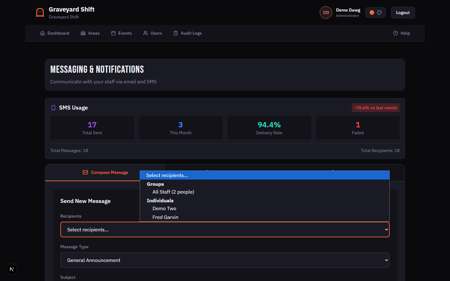 Recipient dropdown showing Groups and Individuals sections with selected recipient chips below