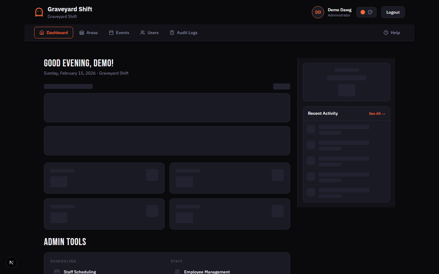 Admin dashboard with quick stats and admin tools grid