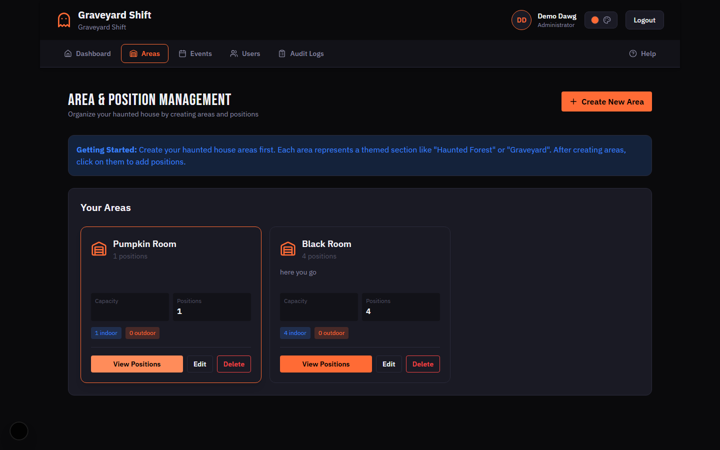 Area creation modal with name, icon picker, and description fields