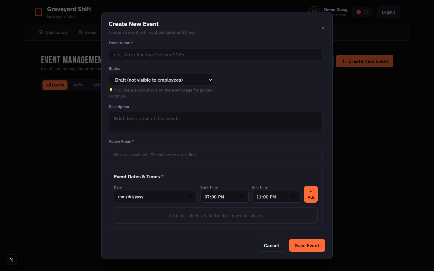Event creation modal showing name, area checkboxes, and date builder