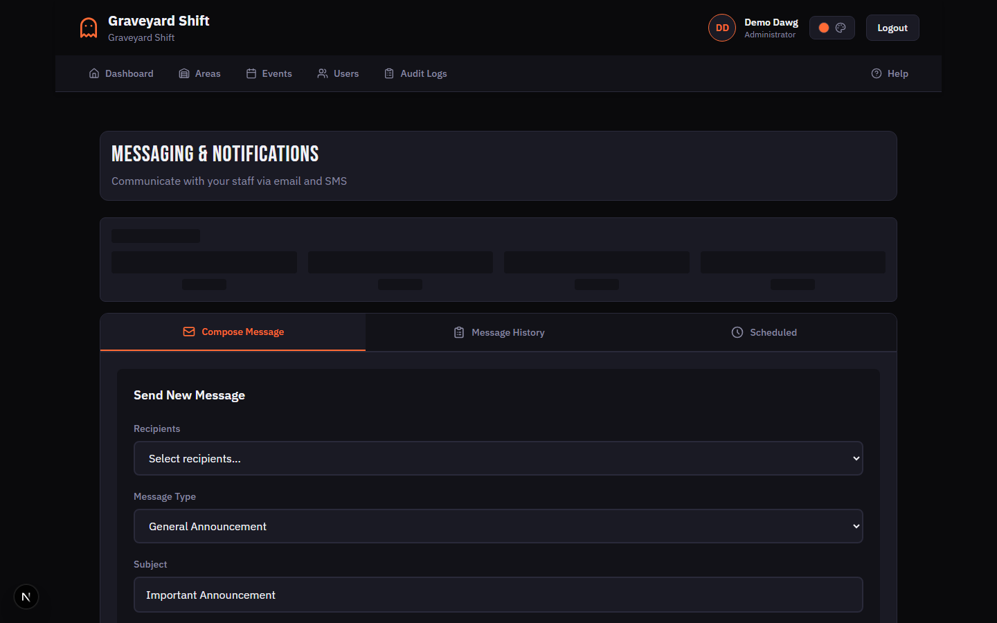 Message composition form with recipient selector and channel toggles