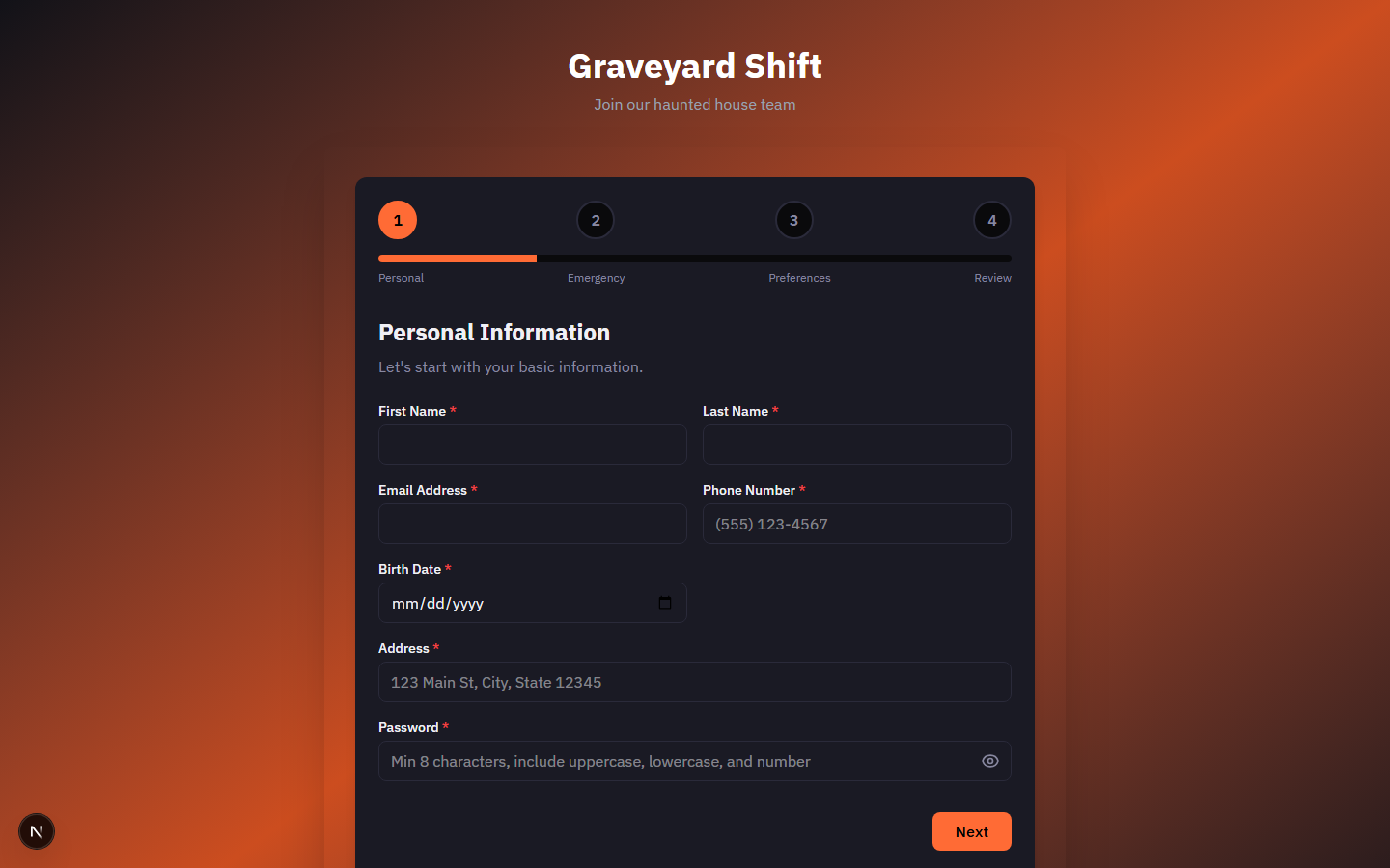 Registration wizard Step 1 showing the Personal Information form with fields for name, email, phone, birth date, address, and password