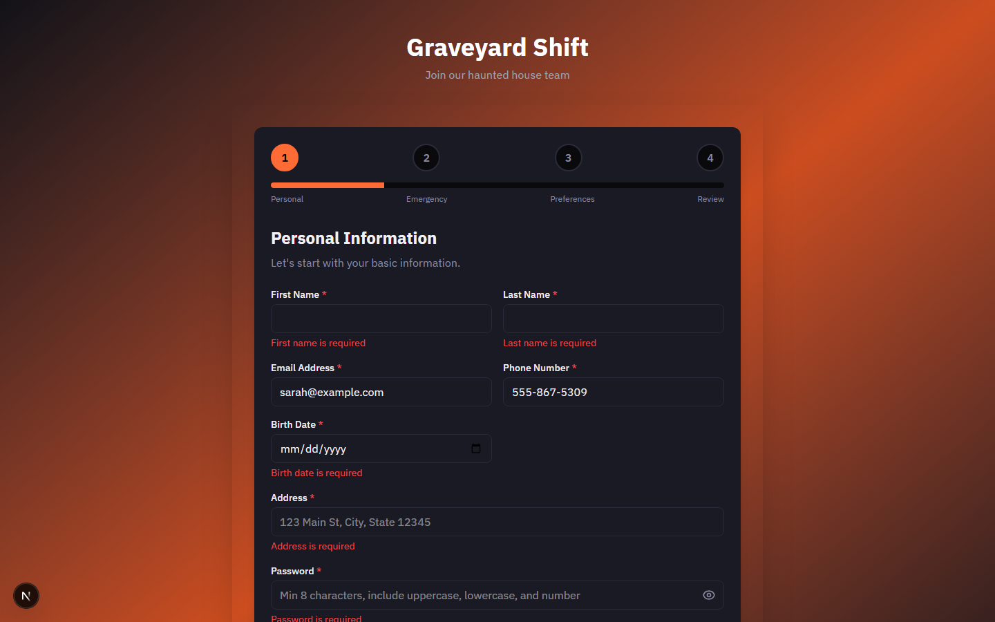 Registration wizard Step 2 showing the Medical and Emergency Information form with emergency contact fields and optional medical fields