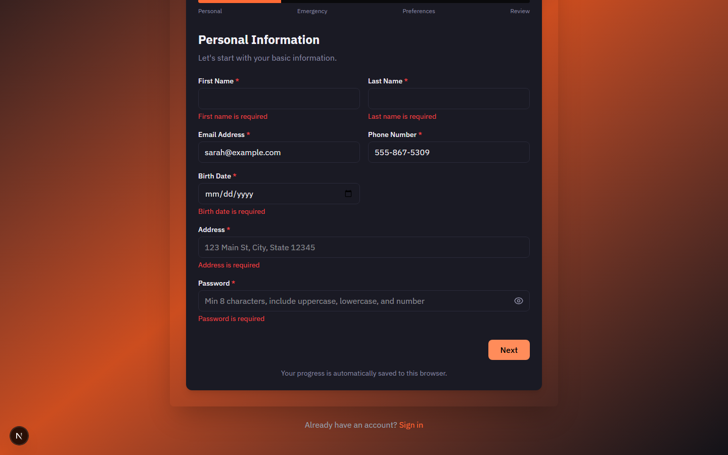 Registration wizard Step 4 showing the review summary with all entered information and a Submit Registration button