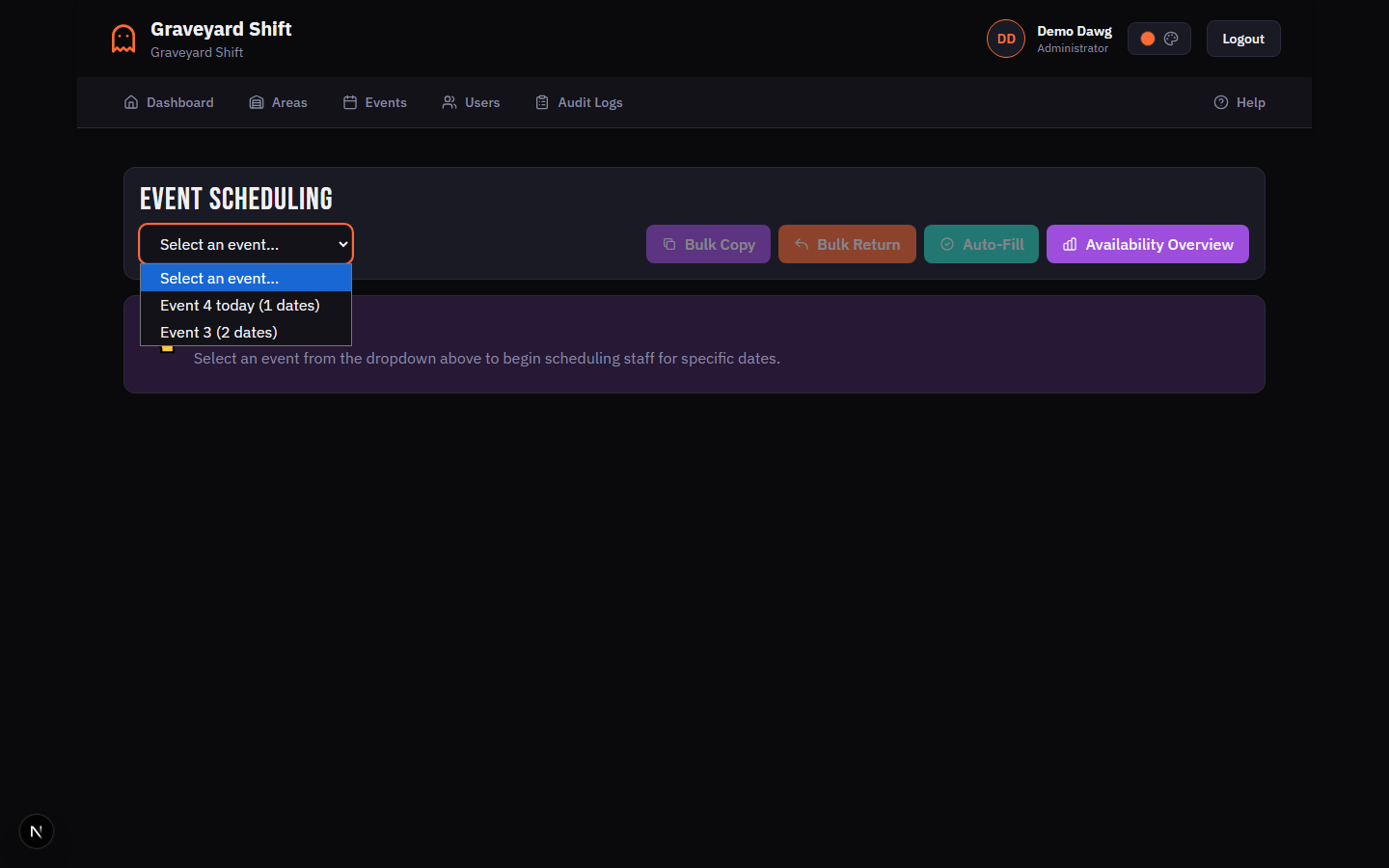 Event Scheduling header with event dropdown selector and action buttons