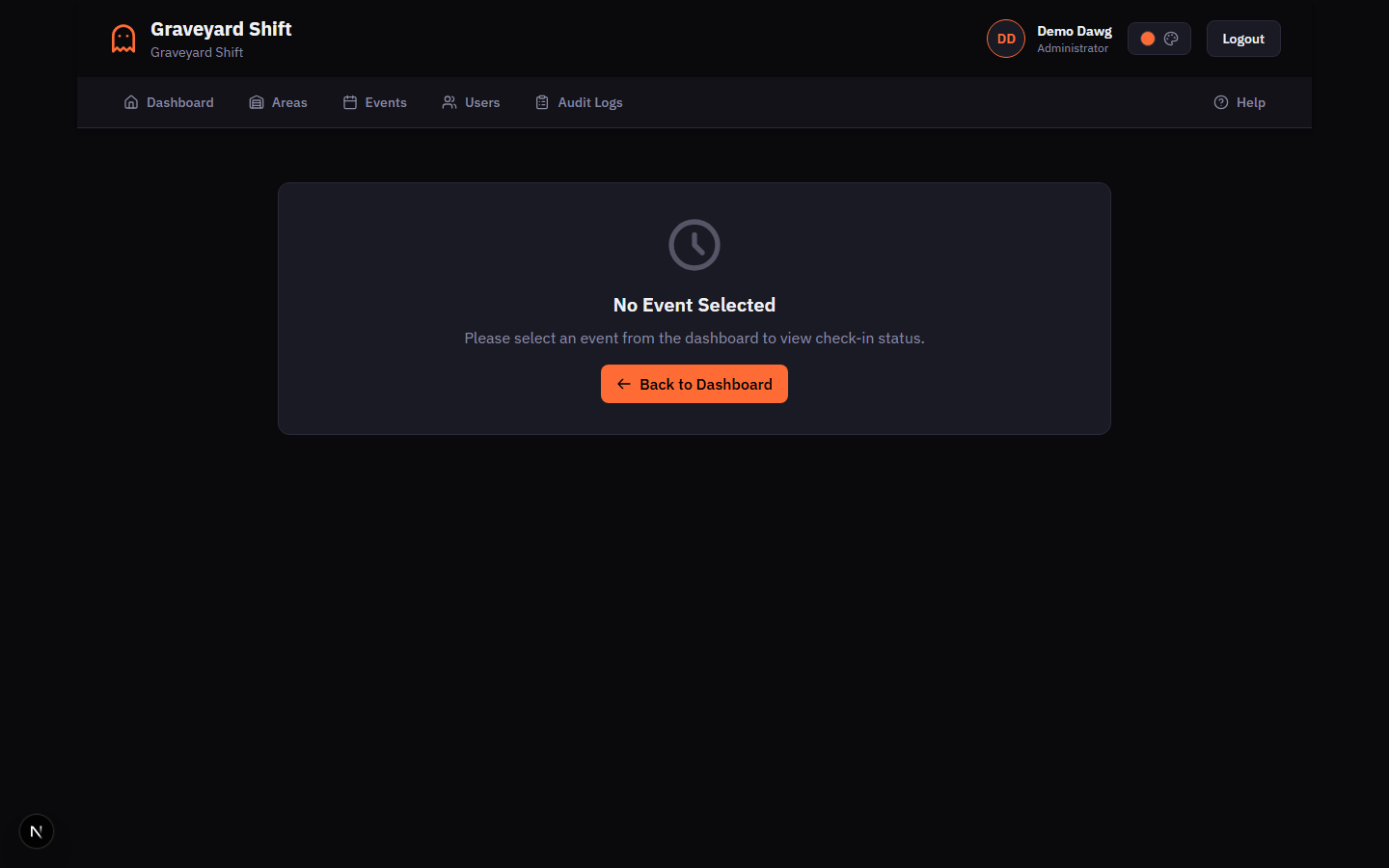 Admin time clock interface showing event header with live clock and staff status list