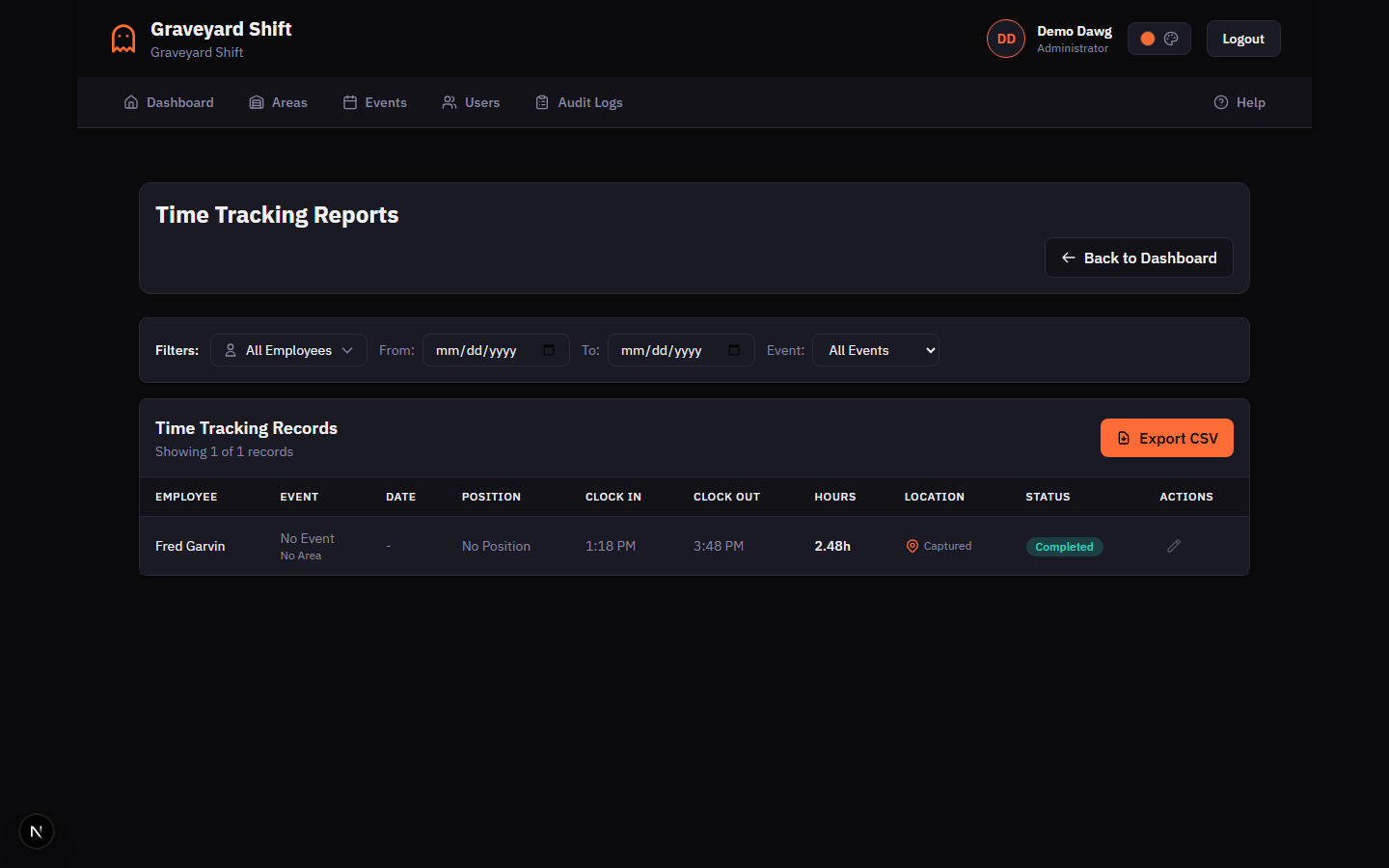 Time tracking report showing multiple work sessions with employee names, event details, clock times, and total hours